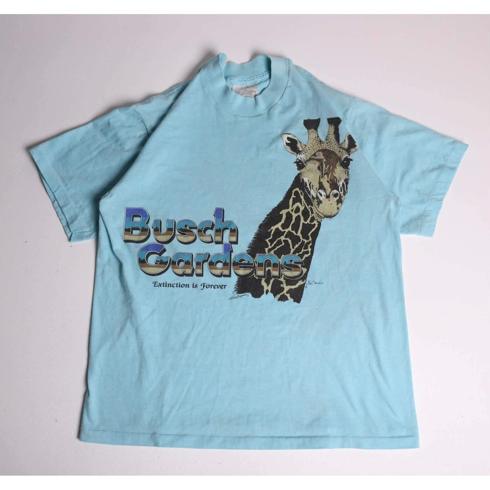 Vintage 80s Busch Gardens Giraffe T-Shirt Blue Harlequin Nature Graphics Large
